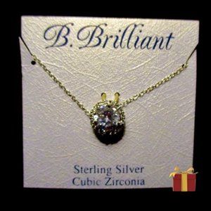 B. BRILLIANT STERLING SILVER SOLITAIRE PENDANT NWT